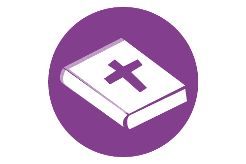 Pyöreällä violetilla pohjalla Raamattu.