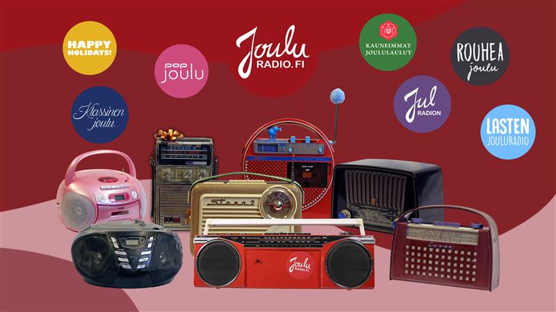 Jouluradion mainos, jossa erilaisia radioita.